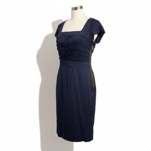 Abaeté Dress Navy Blue Ruched‎ Front Cap Sleeve Zipper Accents Size 6